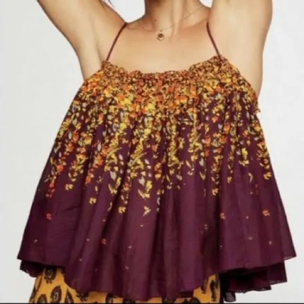 FREE PEOPLE Floral Maroon and Yellow Flowy Cami Top